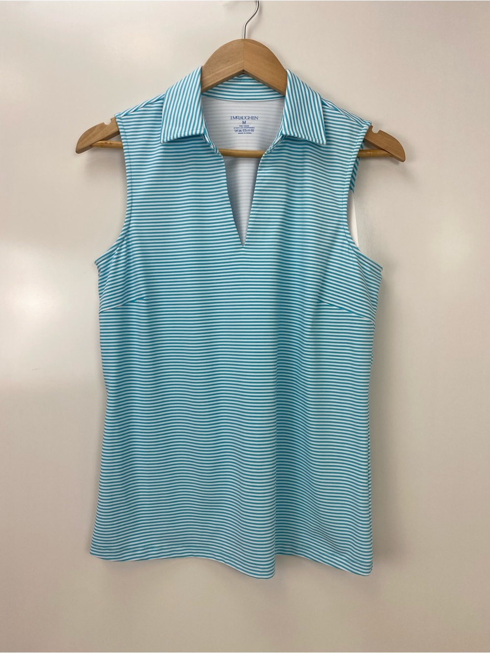 J. McLaughlin Aqua and White Striped Sleeveless Polo Tank